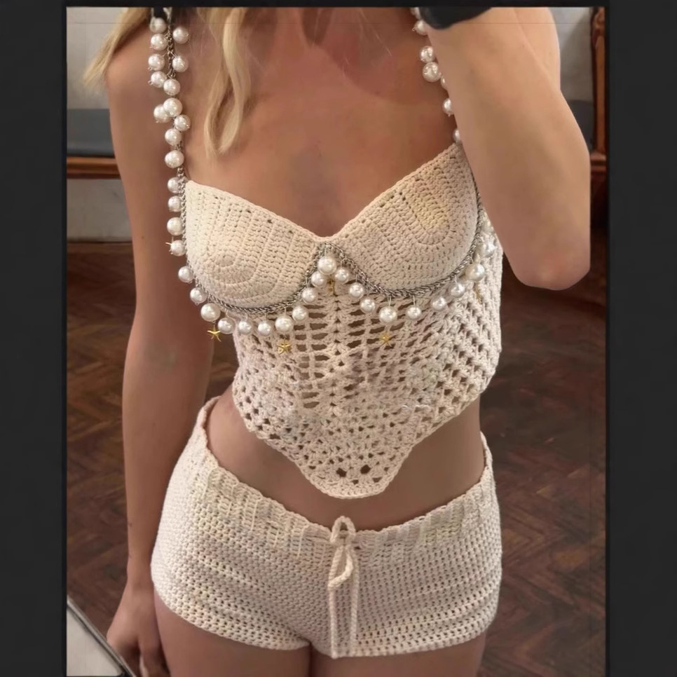 Crop Top Crochet - Sexy Beading Crochet Crop Vest Shorts