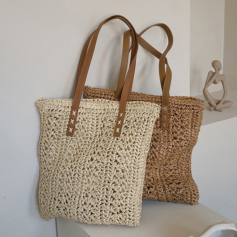 Crochet Bag Raffia - Square Hollow Straw Beach Bag Handmade