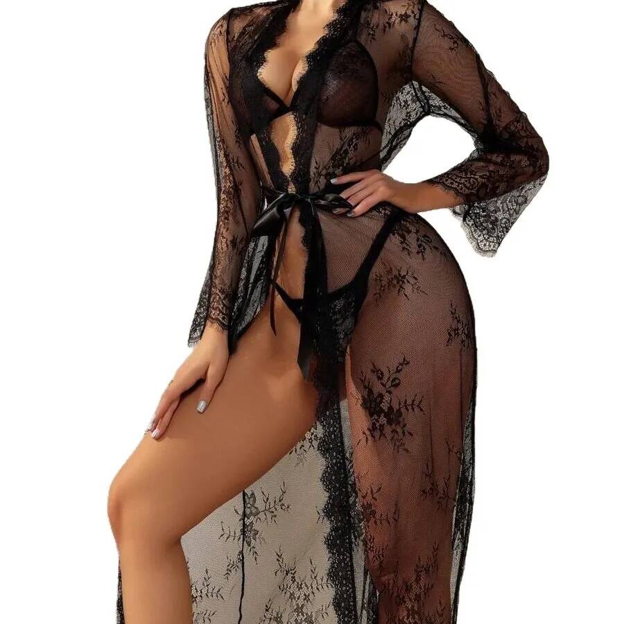 Black Lace Sheer Long Robe For - огляд і ціна Kimono Sheer Floral