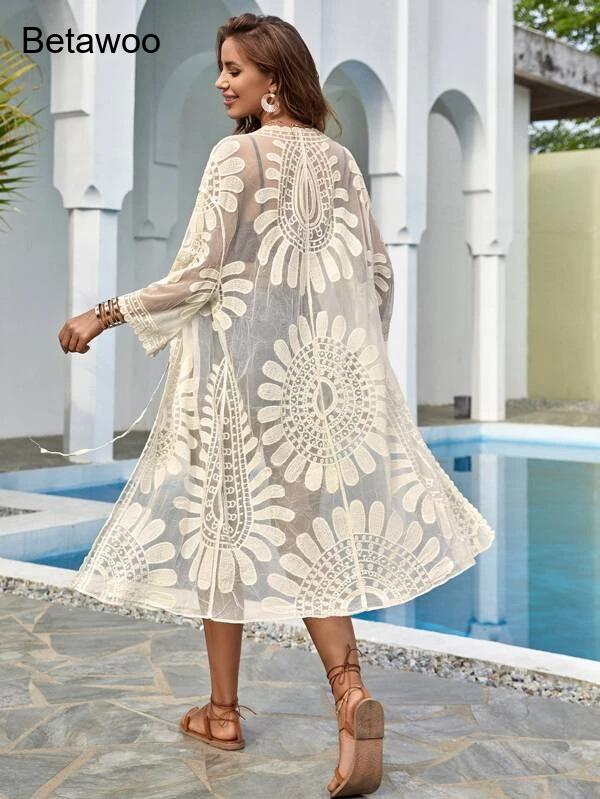 Women White Boho Floral Hollow - огляд і ціна Kimono Sheer Floral
