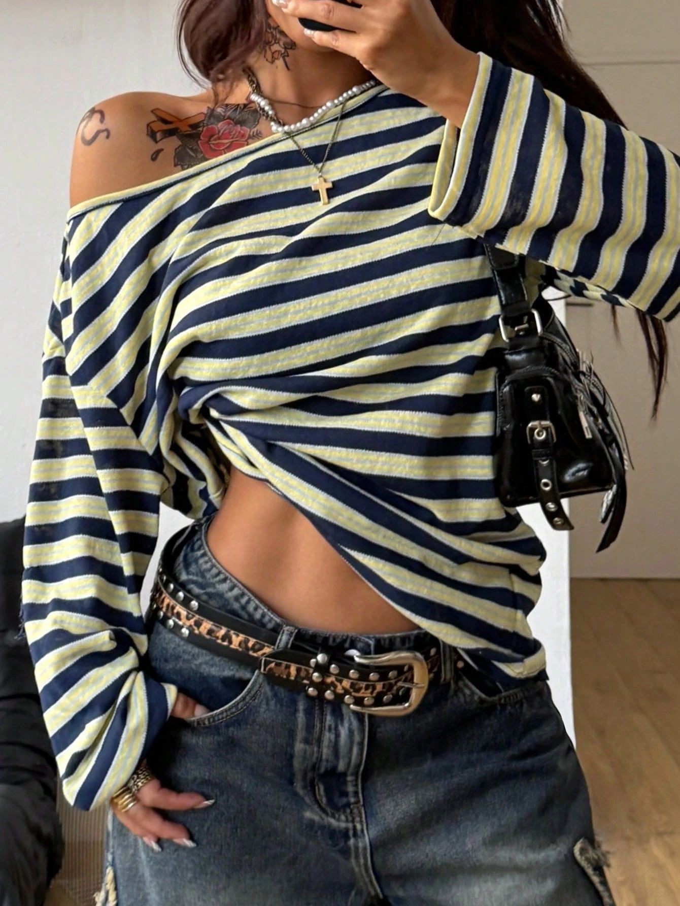 Women's Oversized Striped Blue - огляд і ціна Blouse Off Shoulder