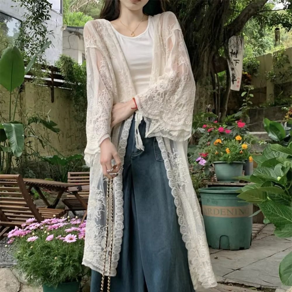 Lightweight Lace-Up Lace Blous - огляд і ціна Kimono Sheer Floral