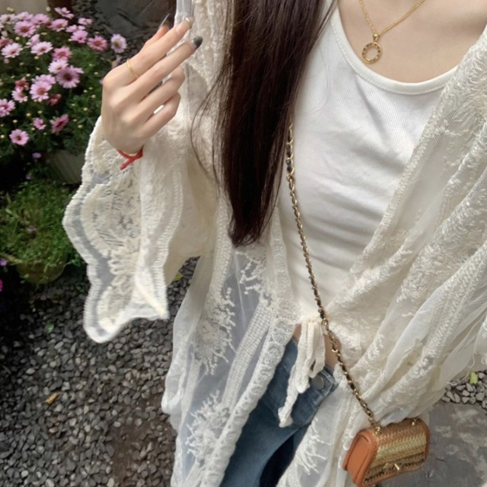 Lightweight Lace-Up Lace Blous - огляд і ціна Kimono Sheer Floral