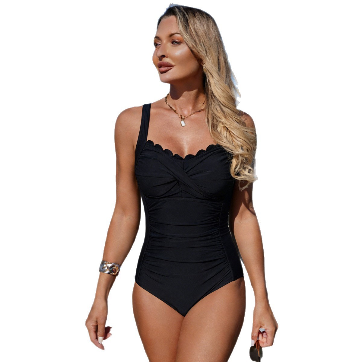Black Swimsuit Scalloped Neckl - огляд і ціна Swimsuit Bikini Ruched