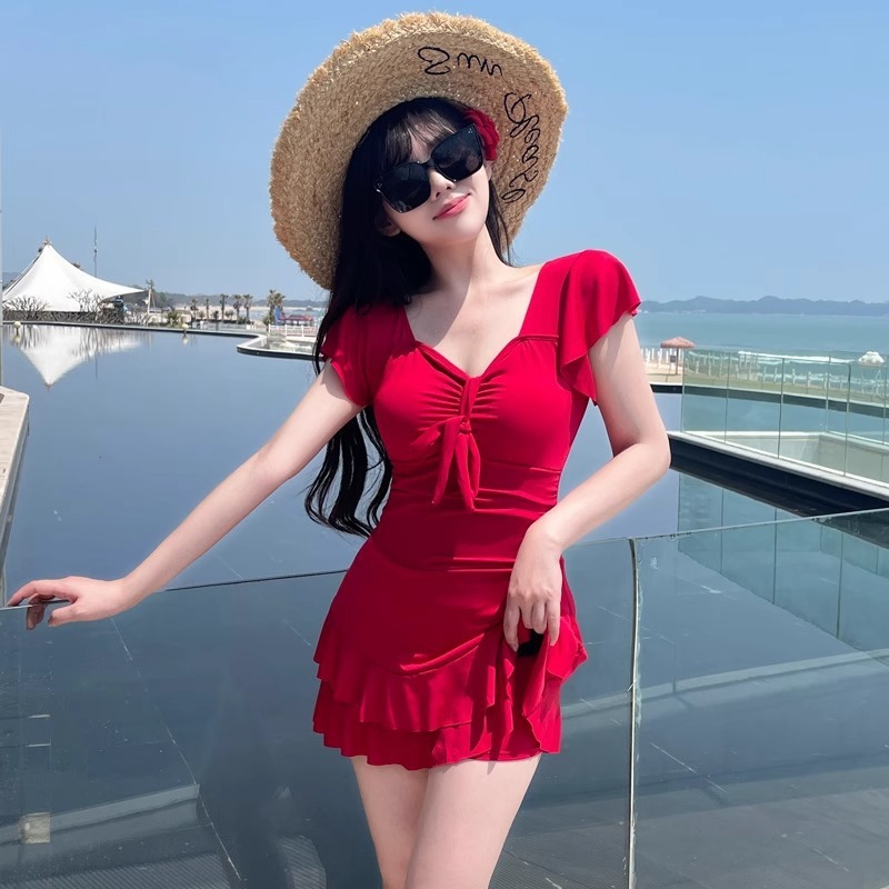 Women's Red V Neck Skirted One - огляд і ціна Swimsuit Bikini Ruched