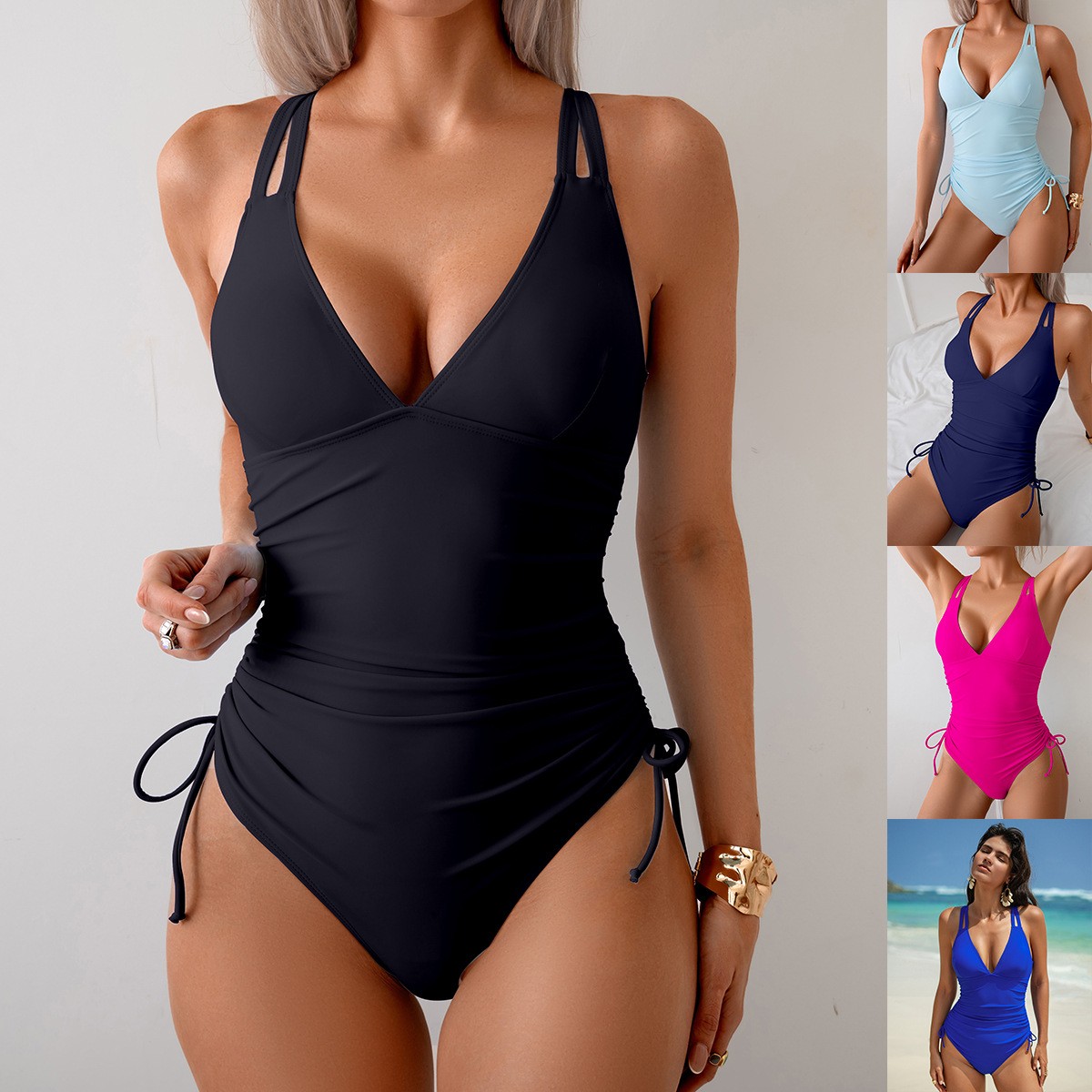 Solid Black Swimsuit V Neck Ru - огляд і ціна Swimsuit Bikini Ruched