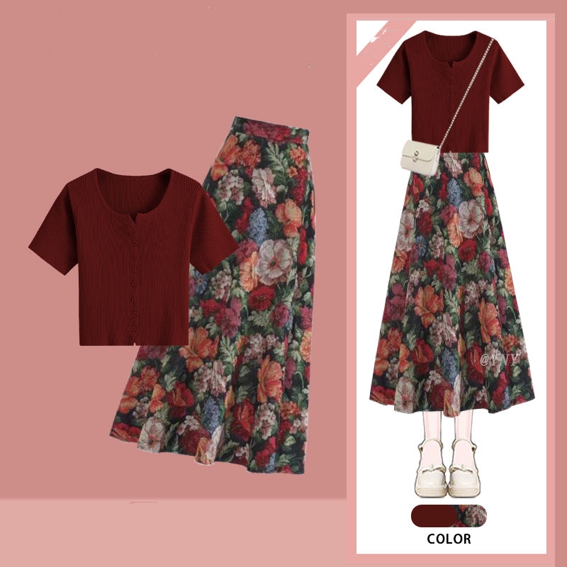 Women Lucky Wine Red T-Shirts  - огляд і ціна Midi Skirt Floral