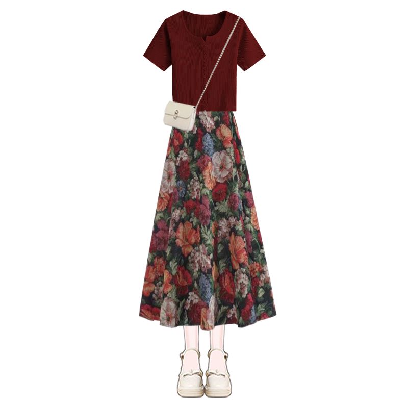 Women Lucky Wine Red T-Shirts  - огляд і ціна Midi Skirt Floral